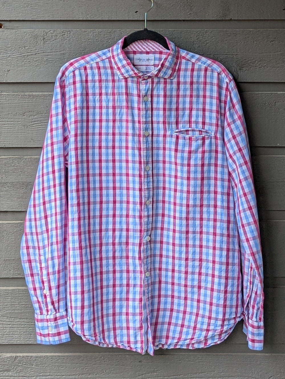 Thomas Dean New York Men's Casual Linen Button-Up Shirt in Pink Blue Plaid Large